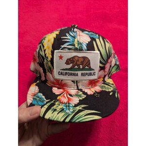 California Republic Bear Floral Snapback Hat Black Tropical Hibiscus Adjustable